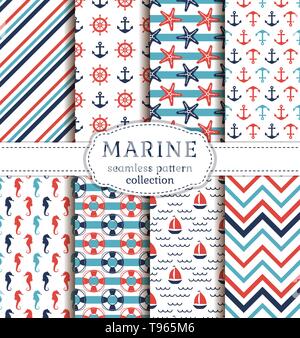 Set di marine e gli sfondi nautico. Il tema del mare. Modelli senza giunture collezione. Illustrazione Vettoriale. Illustrazione Vettoriale