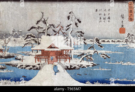 Inokashira no ike benzaiten yashiro n. Scena di neve del Santuario di Benzaiten in Inokashira pond. Due persone attraversando un ponte ad un edificio su una piccola isola durante una tempesta di neve in inverno. Ukiyo-e (immagine del mondo fluttuante) è un genere di arte giapponese che fiorì dal XVII attraverso il XIX secolo. Ukiyo-e è stato centrale per formare l'Occidente la percezione dell'arte giapponese nel tardo XIX secolo. Genere del paesaggio è venuto a dominare le percezioni occidentali dell'ukiyo-e. Foto Stock