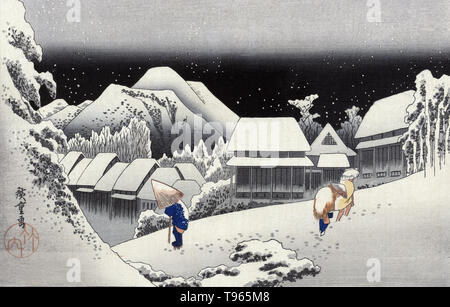 Kanbara. I viaggiatori a piedi nella neve durante la notte presso la stazione di Kanbara sulla strada di Tokaido. Ukiyo-e (immagine del mondo fluttuante) è un genere di arte giapponese che fiorì dal XVII attraverso il XIX secolo. Ukiyo-e è stato centrale per formare l'Occidente la percezione dell'arte giapponese nel tardo XIX secolo. Genere del paesaggio è venuto a dominare le percezioni occidentali dell'ukiyo-e. Foto Stock