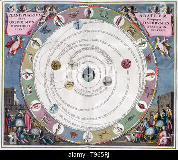Planisphaerium Arateum Sive Compages Orbium Mundanorum ex hypothesi Aratea In Plano Expressa. Arato (0 315-10 240 a.C.) era un Greco poeta didattico. Il suo importante lavoro esistenti è il suo poema hexameter fenomeni, la prima metà descrive le costellazioni e altri fenomeni celesti. La seconda metà è chiamato Diosemeia, ed è principalmente su meteo lore. Foto Stock