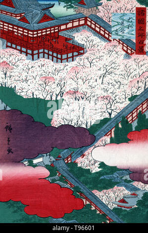 Yamato hasedera. Hasedera nella provincia di Yamato. Stampa mostra la vista del tempio Hasedera nella provincia del Yamato. Un fiore di ciliegio (comunemente noto in Giappone come Sakura è il fiore di qualsiasi di diversi alberi del genere Prunus, in particolare la ciliegia giapponese, Prunus serrulata. Foto Stock