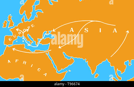 Mappa che mostra la diffusione della Morte Nera nel XIV secolo da Asia al Medio Oriente, Europa occidentale, Europa e Africa del Nord. La peste bubbonica è stata una delle più devastanti epidemie nella storia umana, causando la morte di una stima di 75 200 milioni di persone in Eurasia nel XIV secolo. Il batterio Yersinia pestis, il che si traduce in varie forme di peste, è pensato per essere stata la causa. È spostato lungo la strada di seta (una rete di rotte commerciali) e dalla nave e si ritiene che sia stato portato e diffuso da rat pulci che vivono su ratti nero. Foto Stock