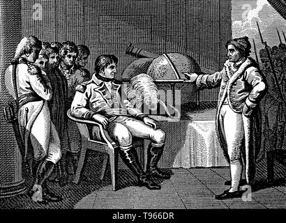 Napoleone ascoltando un astronomo in Milano. Il Regno d'Italia (1805-1814) era un cliente francese membro fondata nel nord Italia da parte di Napoleone I, completamente influenzato dalla Francia rivoluzionaria, che si è conclusa con la sua sconfitta e caduta. Napoleone Bonaparte (Agosto 15, 1769 - 5 Maggio 1821) era un militare francese e leader politico durante le ultime fasi della rivoluzione francese. Come Napoleone I, fu Imperatore dei Francesi dal 1804 al 1815. Foto Stock