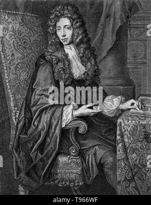 Robert Boyle (25 gennaio 1627 - 31 dicembre 1691) era un irlandese filosofo naturale, chimico, fisico e inventore. Egli è considerato oggi come il primo moderno chimico, e uno dei pionieri della moderna sperimentale metodo scientifico. Tra le sue opere, gli scettici Chymist, pubblicato nel 1661, è visto come una pietra miliare prenota nel campo della chimica. Egli era un devoto e pio e anglicana è notato per i suoi scritti in teologia. Morì nel 1691 all'età di 64. Foto Stock