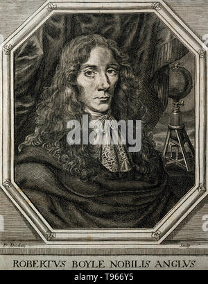 Robert Boyle (1627-1691) era un irlandese filosofo naturale, chimico, fisico e inventore. Egli è considerato oggi come il primo moderno chimico, e uno dei pionieri della moderna sperimentale metodo scientifico. Gli scettici Chymist, pubblicato nel 1661, è visto come una pietra miliare prenota nel campo della chimica. Egli era un devoto e pio e anglicana è notato per i suoi scritti in teologia. Incisione di William Faithorne, 1680. Foto Stock