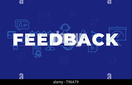 Feedback il concetto di parola. L'Employee Engagement. La soddisfazione del cliente. Isolato caratteri tipografici idea con le icone della linea. Revisione e consigli outli vettore Illustrazione Vettoriale
