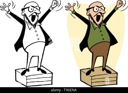 Un uomo riceve sul suo soapbox e dà un intervento appassionato. Illustrazione Vettoriale