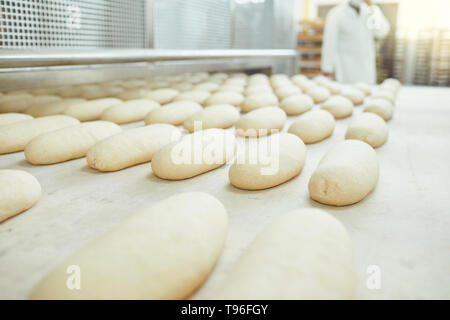 Materie il pane è rendere sull'apparecchiatura automatica di linea in panetteria. Foto Stock