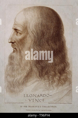 Leonardo di ser Piero da Vinci (15 Aprile 1452 - 2 Maggio 1519) era un rinascimento italiano polymath: pittore, scultore, architetto, musicista, matematico, ingegnere e inventore, anatomista, geologo, cartografo, botanico e scrittore. Il suo genio, forse più di qualsiasi altra figura, epitomized l'umanista rinascimentale ideale, spesso è stato descritto come l'archetipo del Rinascimento Man. Incisione di Francesco Bartolozzi, 1795, dopo il sitter. Foto Stock