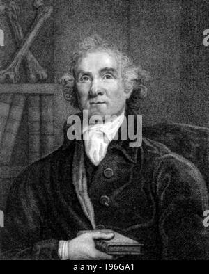 John Hunter (Febbraio 13, 1728 - 16 ottobre 1793) era un chirurgo scozzese. Egli è stato uno dei primi sostenitori di attenta osservazione, il metodo scientifico in medicina e un eccellente anatomista. Egli ha costruito una collezione di animali viventi cui scheletri e altri organi ha preparato come preparati anatomici. La sua morte in 1793 all'età di 65. Foto Stock