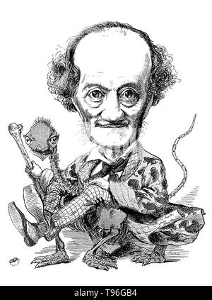 Il Professor Owen montato su una chimera. Richard Owen (Luglio 20, 1804 - 18 dicembre 1892) era un biologo inglese, anatomista comparativo e paleontologo. Una delle sue posizioni era quella di prosector per lo Zoo di Londra, il che significava che egli aveva per dissezionare e preservare gli eventuali animali da zoo che sono morti in prigionia. Questo gli ha dato una vasta esperienza con l'anatomia di animali esotici. Egli ha prodotto una vasta gamma di attività scientifica, ma è probabilmente meglio oggi ricordata per la coniatura della parola Dinosauria. Foto Stock