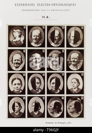 Piastra 4: 16 immagini che mostrano differenti espressioni del viso che vengono indotti da correnti elettriche. Guillaume-Benjamin-Amand Duchenne de Boulogne (17 settembre 1806 - 15 settembre 1875) era un neurologo francese che ha avanzato la scienza di elettrofisiologia. Influenzati dalle credenze della fisionomia, Duchenne desiderava determinare come i muscoli nel volto umano di produrre le espressioni del viso che ha creduto per essere direttamente legate all'anima dell'uomo. Foto Stock