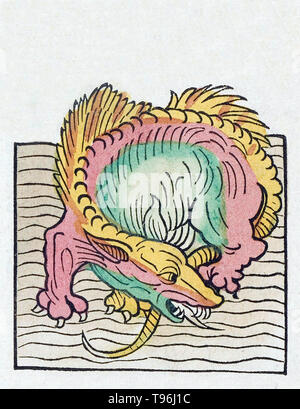 Un serpente di mare o mare Dragon è un tipo di dragon descritta in diverse mitologie, più segnatamente greco (Cetus, Echidna, Hydra, Scilla), della Mesopotamia (Tiamat), ebraico (Leviathan), e norreni (Jörmungandr). n antichità e nella Bibbia, draghi sono stati immaginato come enormi mostri a serpentina. L' Hortus Sanitatis (giardino di salute), la prima storia naturale enciclopedia, è stata pubblicata da Jacob Meydenbach in Germania, 1491. Foto Stock