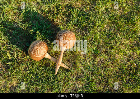 Le maracas. Strumento tradizionale fatta di materiali naturali giacciono sull'erba verde. Foto Stock