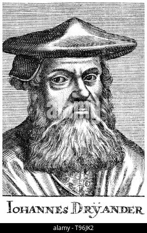 Johann Dryander (Eichmann) (27 giugno 1500 - 20 dicembre 1560) era un tedesco anatomista, astronomo e medico. Nel 1535 fu nominato professore di medicina presso l'Università di Marburg. Dryander è stato uno dei primi autori di libri di testo per illustrare con xilografie e il primo per illustrare una dissezione galenica del cervello umano. Una edizione ampliata di questo inizio di libro, il Anatomiae pars prima, è stato pubblicato nel 1537. Foto Stock