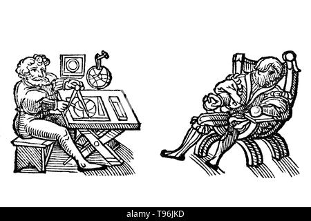 Xilografia illustrazione da Der gantzen Artzenei, 1542. Johann Dryander (Eichmann) (27 giugno 1500 - 20 dicembre 1560) era un tedesco anatomista, astronomo e medico. Nel 1535 fu nominato professore di medicina presso l'Università di Marburg. Dryander è stato uno dei primi autori di libri di testo per illustrare con xilografie e il primo per illustrare una dissezione galenica del cervello umano. Una edizione ampliata di questo inizio di libro, il Anatomiae pars prima, è stato pubblicato nel 1537. Foto Stock