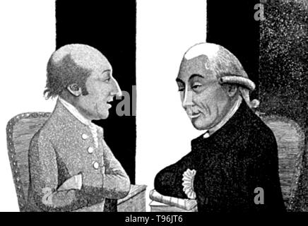 James Hutton e Giuseppe nero, i filosofi naturali, parlare insieme. James Hutton (Giugno 3, 1726 - 26 Marzo 1797) era un geologo scozzese, medico, fabbricante Chimico, naturalista, e agriculturalist sperimentale. Egli ha originato la teoria di uniformitarianism - un principio fondamentale di geologia - che spiega le caratteristiche della crosta terrestre per mezzo di processi naturali oltre il tempo geologico. Foto Stock