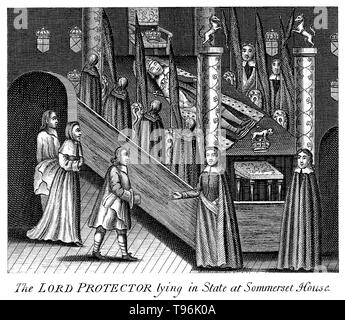 Il signore Protector, Oliver Cromwell, giacente in stato al Somerset House, circondato da persone in lutto. Oliver Cromwell (Aprile 25, 1599 - 3 settembre 1658) era un militare inglese e leader politico. Ha servito come signore protettore del Commonwealth di Inghilterra, Scozia e Irlanda dal 1653 fino alla sua morte, agendo simultaneamente come capo dello stato e capo del governo della nuova repubblica. Foto Stock