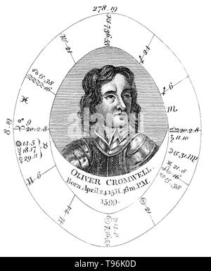 Nascita astrologico grafico per Oliver Cromwell da Ebenezer Sibly non datato. Oliver Cromwell (Aprile 25, 1599 - 3 settembre 1658) era un militare inglese e leader politico. Ha servito come signore protettore del Commonwealth di Inghilterra, Scozia e Irlanda dal 1653 fino alla sua morte, agendo simultaneamente come capo dello stato e capo del governo della nuova repubblica. Foto Stock