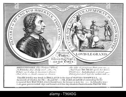 Oliver Cromwell (sinistra) e il protettore inginocchiato con la testa sulle ginocchia di Britannia (destra): due roundels. Oliver Cromwell (Aprile 25, 1599 - 3 settembre 1658) era un militare inglese e leader politico. Ha servito come signore protettore del Commonwealth di Inghilterra, Scozia e Irlanda dal 1653 fino alla sua morte, agendo simultaneamente come capo dello stato e capo del governo della nuova repubblica. Foto Stock