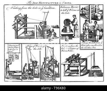 Tessili: sei scene di seta Fabbricazione in Cina. La produzione di seta proviene in Cina in epoca preistorica. La seta è rimasta confinata in Cina fino a quando la strada di seta aperto a un certo punto durante la seconda metà del primo millennio A.C. La Cina ha mantenuto la sua posizione di quasi monopolio sulla produzione della seta per un altro migliaio di anni. La bachicoltura, di seta o di allevamento, è la coltivazione dei bachi da seta per la produzione di seta. Foto Stock