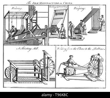 Tessili: cinque scene di seta Fabbricazione in Cina. La produzione di seta proviene in Cina in epoca preistorica. La seta è rimasta confinata in Cina fino a quando la strada di seta aperto a un certo punto durante la seconda metà del primo millennio A.C. La Cina ha mantenuto la sua posizione di quasi monopolio sulla produzione della seta per un altro migliaio di anni. La bachicoltura, di seta o di allevamento, è la coltivazione dei bachi da seta per la produzione di seta. Foto Stock