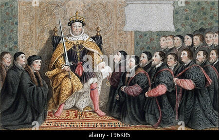 Henry VIII presentando una carta per il barbiere-chirurghi di Londra. Henry VIII (Giugno 28, 1491 - 28 gennaio 1547) era il re d'Inghilterra dal 1509 fino alla sua morte. Henry è meglio conosciuta per i suoi sei matrimoni, in particolare i suoi sforzi per avere il suo primo matrimonio, Caterina d'Aragona, annullata. Il suo disaccordo con il Papa sulla questione di un tale annullamento Henry led per avviare la riforma inglese, separando la chiesa di Inghilterra da autorità papale. Foto Stock