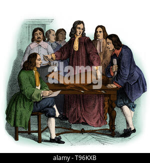 William Harvey dimostrando con un cervo la circolazione del sangue ad un gruppo di studenti. William Harvey (Aprile 11, 1578 - 3 giugno 1657) era un medico inglese. Harvey è stata la prima persona a stabilire con precisione come il cuore fatto circolare il sangue in tutto corpi umani e animali e fu anche il primo a posit la teoria che gli esseri umani e altri mammiferi riprodotto quando un uovo è stato fecondato da sperma. Il suo lavoro 'De Motu Cordis, pubblicato nel 1628, rimane una pietra miliare nella scienza. Foto Stock