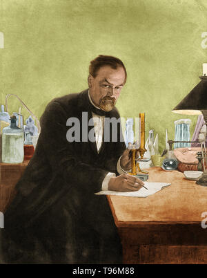 Louis Pasteur nel suo laboratorio. Louis Pasteur (1822 -1895) fu un chimico francese e bacteriologist che hanno fondato la scienza della microbiologia. Pasteur scoprì che la malattia possa essere causata da batteri trasmessi da persona a persona (la teoria del germe della malattia). Egli ha anche sviluppato i vaccini per la rabbia e il carbonchio. Pasteur ha anche riscontrato che leggermente il riscaldamento di cibi e bevande può preservarli da acidificazione. Questo processo di pastorizzazione è ora ampiamente utilizzato nell'industria alimentare. Foto Stock