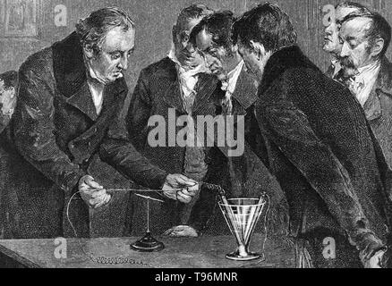 Oersted dimostrando elettromagnetismo, magnetismo prodotta da una carica elettrica in movimento. Hans Christian Ørsted (Agosto 14, 1777 - 9 Marzo 1851) era un danese fisico e chimico che ha scoperto che le correnti elettriche di creare campi magnetici, un aspetto importante dell'elettromagnetismo e leader del Danish Golden Age (prima metà del XIX secolo). Foto Stock