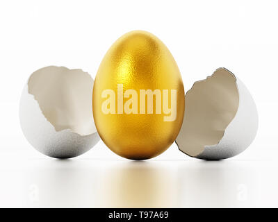 Golden Egg all'interno bianco normale guscio d'uovo. 3D'illustrazione. Foto Stock