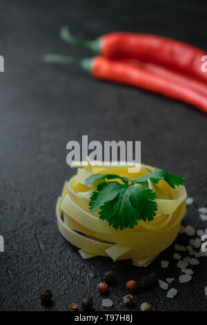 Su sfondo scuro raw pasta fettuccine avvolto in una sfera con fresco verde foglie di coriandolo con sale marino grosso nero e rosso e grani di pepe intero Foto Stock