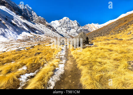 Splendidi paesaggi visto sul modo in corrispondenza di Annapurna Base Camp Trekking. una giornata soleggiata annapurna Nepal Foto Stock