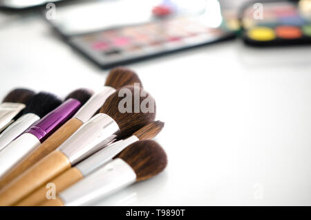 Prodotti cosmetici per il trucco su sfondo bianco. Copia dello spazio. Bellezza tavolozze strumenti di raccolta Foto Stock