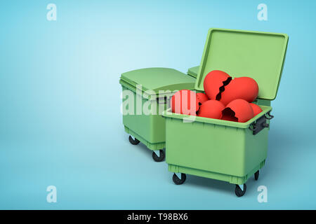 3D rendering di due verdi trash lattine, anteriore può aprire e piena di rotture di valentine cuori, sulla luce-sfondo blu. Foto Stock