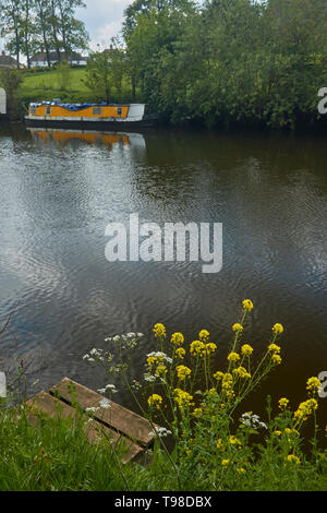 Riverscape attraverso il fiume Avon con olio di colza in primo piano e la vecchia chiatta e vale of evesham paesaggio, England, Regno Unito, Europa Foto Stock