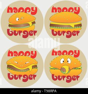Set di burger logo con le diverse emozioni felici burger Illustrazione Vettoriale