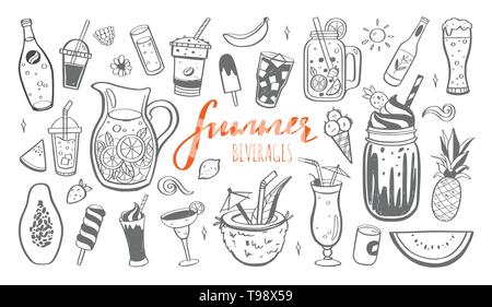 Vettore disegnati a mano insieme di bevande fredde, estate cocktail e bevande con frutta. Vari scarabocchi per party in spiaggia, bar, ristorante menu. Illustrazione Vettoriale