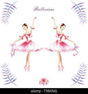 Acquerello illustrazione di gara. Dipinte a mano e composizioni di ballerine, peonie, ramoscelli Foto Stock