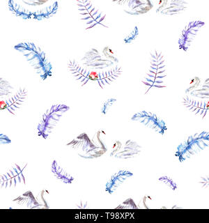 Modello senza cuciture con acquarello dipinto a mano i cigni, piume, ramoscelli. Gara femminile sfondo perfetto per tessuto o carta di avvolgimento. Foto Stock