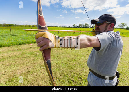 Un campo archer la preparazione di perdere una freccia mediante un americano in legno laminato flatbow Foto Stock