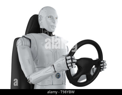 Auto autonoma nozione con 3D rendering robot tenere il volante isolato su bianco Foto Stock
