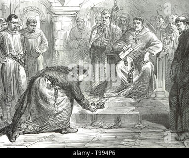 Il re Giovanni, rende omaggio al legato del Papa Innocenzo III, 1213 Foto Stock