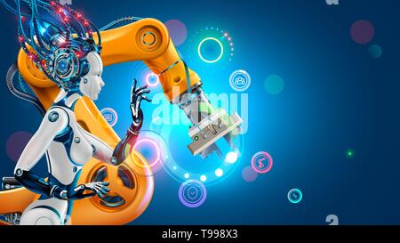 Intelligenza artificiale funziona industria automazione di fabbrica con smart bracci robotici. Il robot o Cyborg donna con ai controllo di fabbricazione industriale via Illustrazione Vettoriale