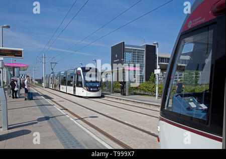 Edinburgh Tram avvicinando Edinburgh Park stop, Scotland, Regno Unito Foto Stock