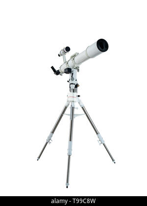 Telescopio su un treppiede isolato su sfondo bianco con tracciato di ritaglio Foto Stock