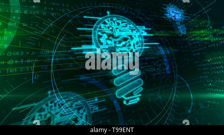 Innovazione, idea creativa e concetto di successo simbolo su sfondo digitale. Cyber lampadina icona ologramma abstract 3d'illustrazione. Foto Stock