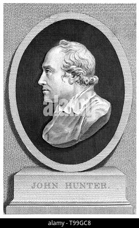 John Hunter (Febbraio 13, 1728 - 16 ottobre 1793) era un chirurgo scozzese. Egli è stato uno dei primi sostenitori di attenta osservazione, il metodo scientifico in medicina e un eccellente anatomista. Egli ha costruito una collezione di animali viventi cui scheletri e altri organi ha preparato come preparati anatomici. La sua morte in 1793 all'età di 65. Foto Stock