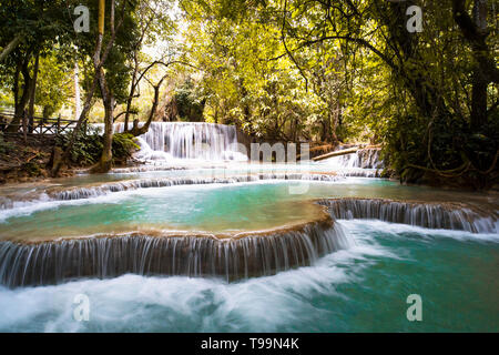 Kuang Si cade o noti come Tat Kuang Si cascate. Queste cascate sono un lato preferito viaggio per turisti in Luang Prabang con un turchese blu piscina Foto Stock