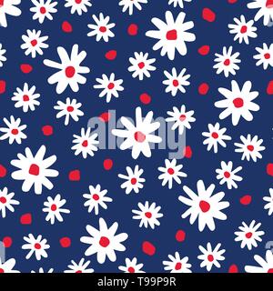 Bold grafica margherite astratto vettore floreali seamless pattern. Semplicistico disegnati a mano fioriture colorate su sfondo blu scuro. Retrò stilizzato minima f Illustrazione Vettoriale